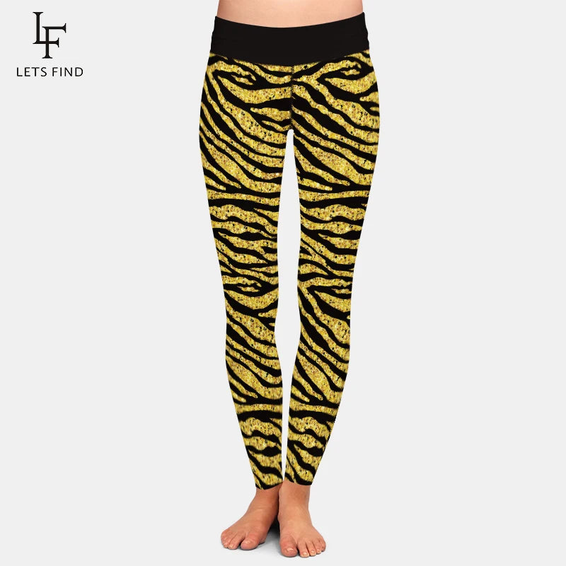 High Waist Women Leggings Fashion 3D Golden Zebra Print  Elastic Black Leggings