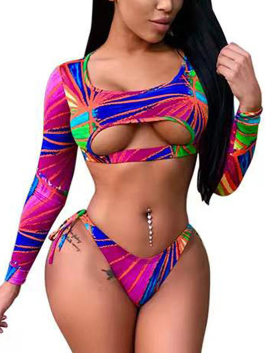 Surf Swimsuit Long Sleeve Printed Swimwear Women String Two Piece Rashguard Diving Clothes Bathing Swimming Suit
