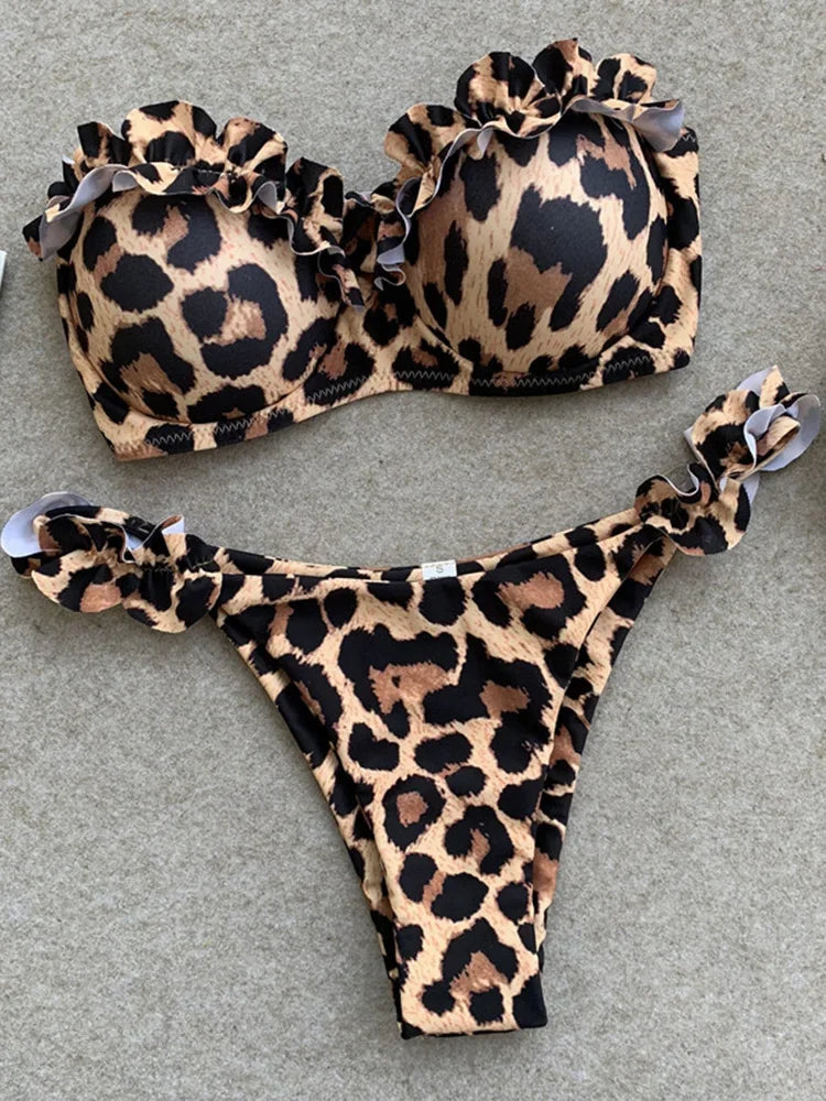 Leopard Ruffled Bra Cup Bikini Women Bandeau Swimsuit Female Swimwear Two Pieces Bikini Set Push Up Bathing Suit Swim Lady
