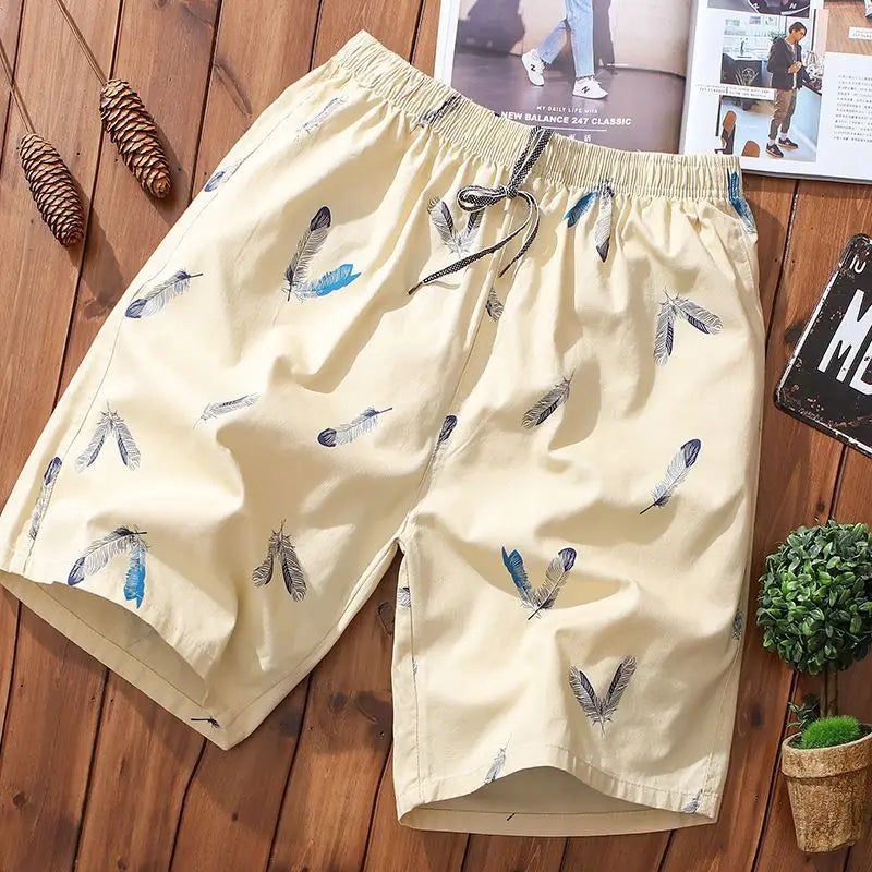 Cotton Shorts Men Breathable Thin Feather Print Pocket Elastic Waist Korean Loose Casual Sports Beach Short Pants 5XL