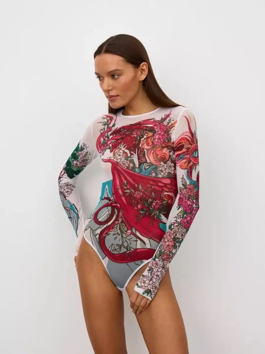 Women's Long-Sleeve Sheer One-Piece Swimsuit