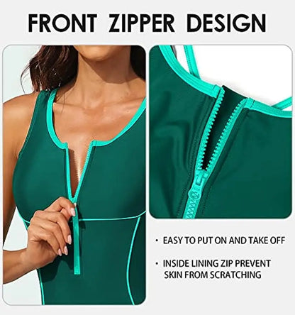 Attraco Women Swimsuit One-Piece Sports Athletic U-Neck Front Zipper Swimwear Racerback Sewn-In Wireless Bra Bathing Suit