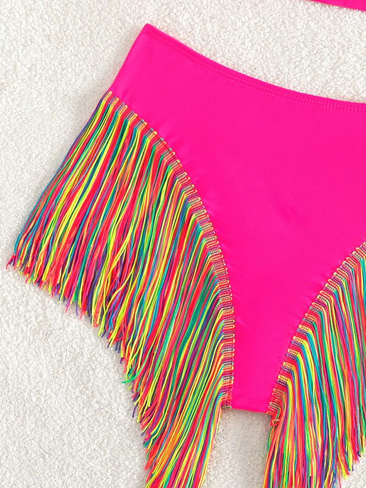 Fringe Tassel One Shoulder High Waist Bikini Women Swimwear Female Swimsuit Two-pieces Bikini Set Hollow Out Bathing Suit Swim