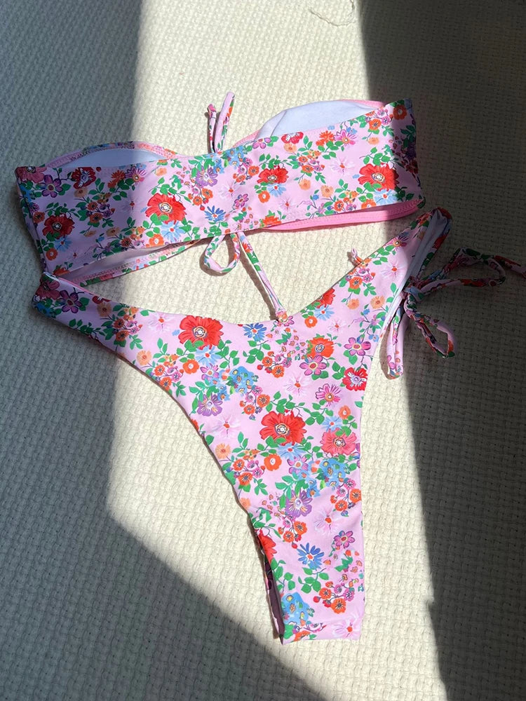 Circyy Two-piece Swimsuit Women Strapless Bikini Set Print Spliced Beachwear Summer 2025 New Swimwear Fashion Vintage Biquinis