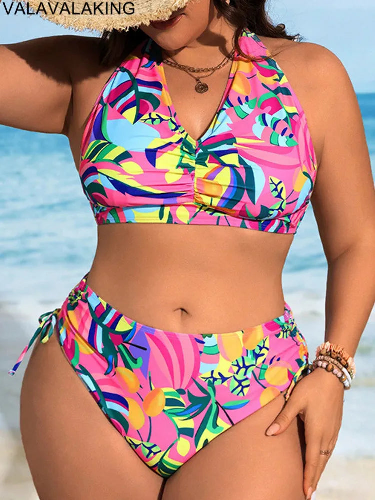 Lady Print 2 Piece Plus Size Bikini Set Women Tied Halter Large Big Swimsuit High Waist Brazilian Curvy Bathing Suit