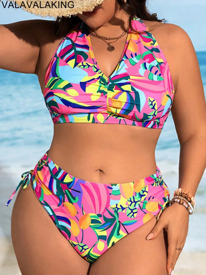 Lady Print 2 Piece Plus Size Bikini Set Women Tied Halter Large Big Swimsuit High Waist Brazilian Curvy Bathing Suit