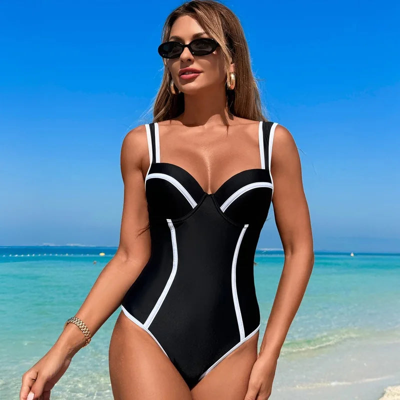Vintage Black White Patchwork One Piece Swimsuit Women Halter Push Up Underwire Slim Bathing Suit Backless Holiday Swimwear