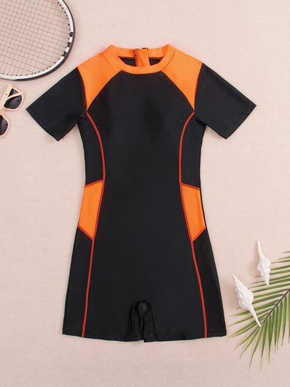 Surf Swimsuit Short Sleeve Printed Swimwear Women Zipper Two Pieces Rashguard Diving Clothes Bathing Swimming Swim Suit