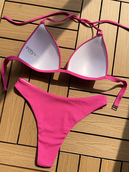 Halter Bra Cup Bikini Swimsuit Female White Swimwear Women Push up Bikini set Brazilian Bathing Suit Bandeau Swim suit