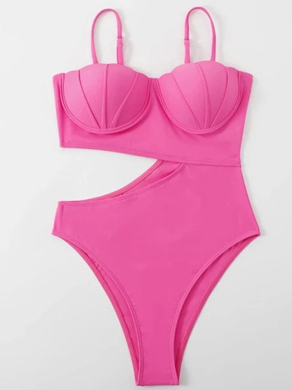 Pink Strapped Swimwear Women Underwire Push Up One Piece Swimsuit Monokini Halter Hollow Bathing Suit