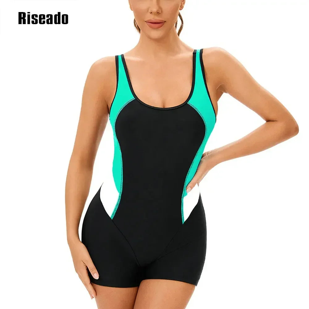 Women's Sport Beachwear One Piece Slimming Bathing Suit Splice Leg suit Korean Swimsuit for Pool Swimming