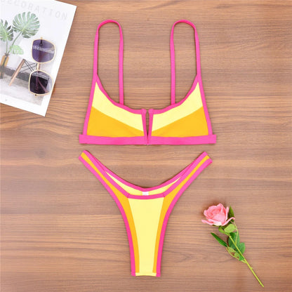 S - XL Splicing V Shaped High Leg Cut Bikini Female Swimsuit Women Swimwear Two-pieces Bikini set Bather Bathing Suit Swim