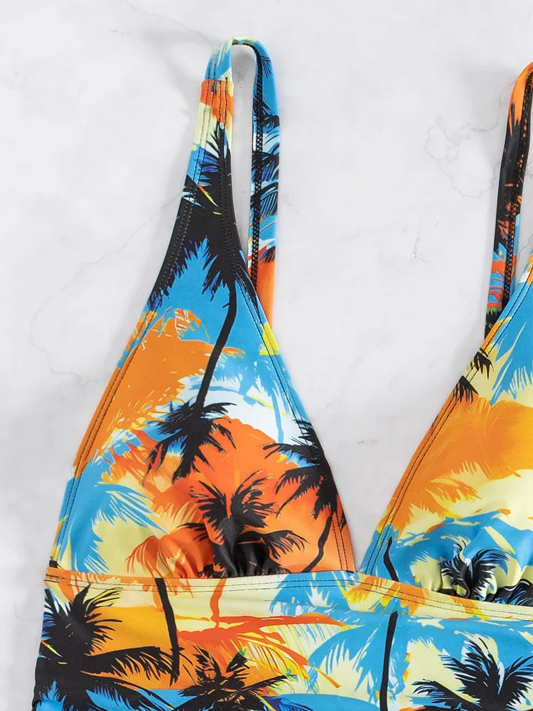 Tropical Print Design Strapped Bikini Tankini Set High Waist Push UP Swimsuit Women Backless Swimwear Summer Beach Bathing Suit