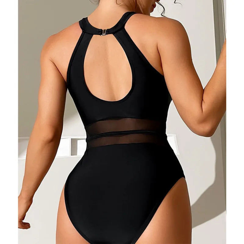 Black Net One Piece Swimsuits Closed Women's Swimwear Push Up Swimming Wear Body Bathing Suit Beachwear Pool Bather