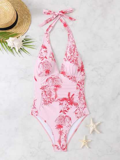 Lady Print Tied Halter Swimwear Women Push UP One Piece Swimsuit Monokini Backless Brazilian Bathing Suit