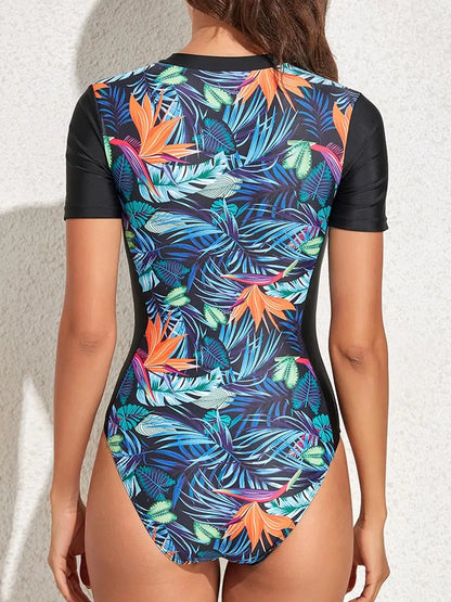 One Piece Short Sleeve Swimwear Women Surfing Swimsuit Zipper Rash Guard Diving Printed Bathing Swimming Swim Suit Bathers