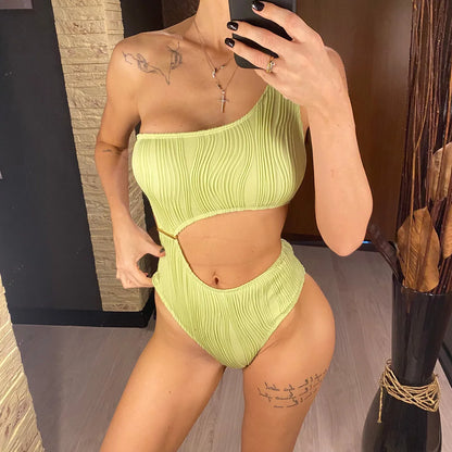 Asymmetric Cut Out Wrinkled One Piece Swimsuit Women Swimwear Female One Shoulder Padded Bather Bathing Suit Swim Lady