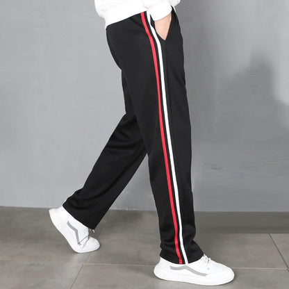 Red White Stripes Casual Sports Pants Solid Elastic Waist Pockets Durable Breathable Straight Trousers