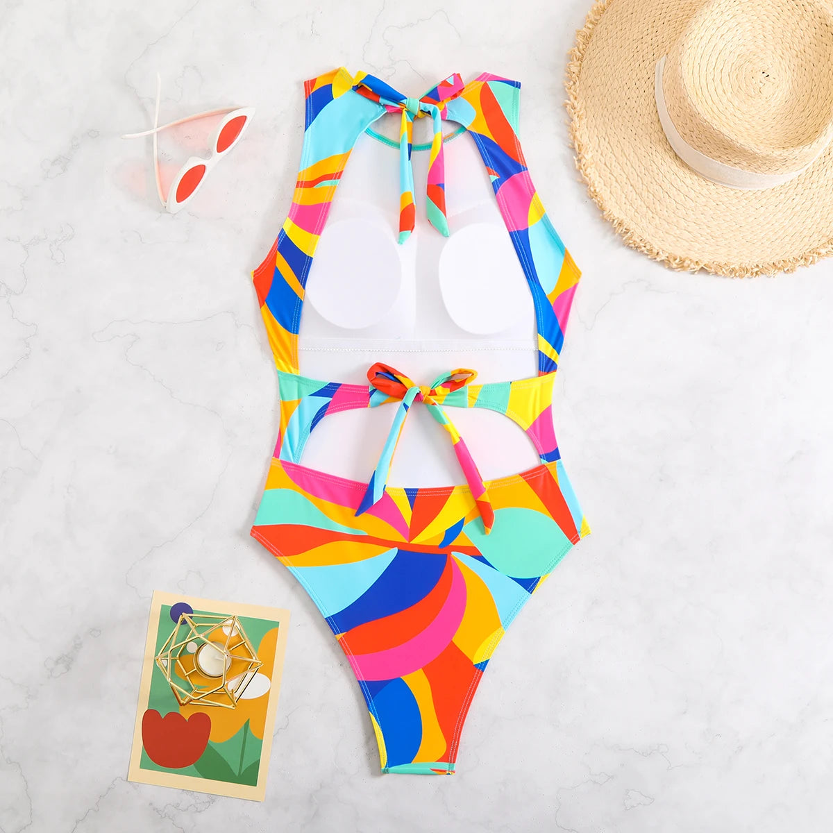 Color Block Swimsuit One Piece Backless Printed Swimwear Women Bathers Bathing Swimming Swim Suit Padded Beachwear Summer
