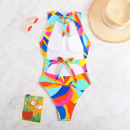 Color Block Swimsuit One Piece Backless Printed Swimwear Women Bathers Bathing Swimming Swim Suit Padded Beachwear Summer