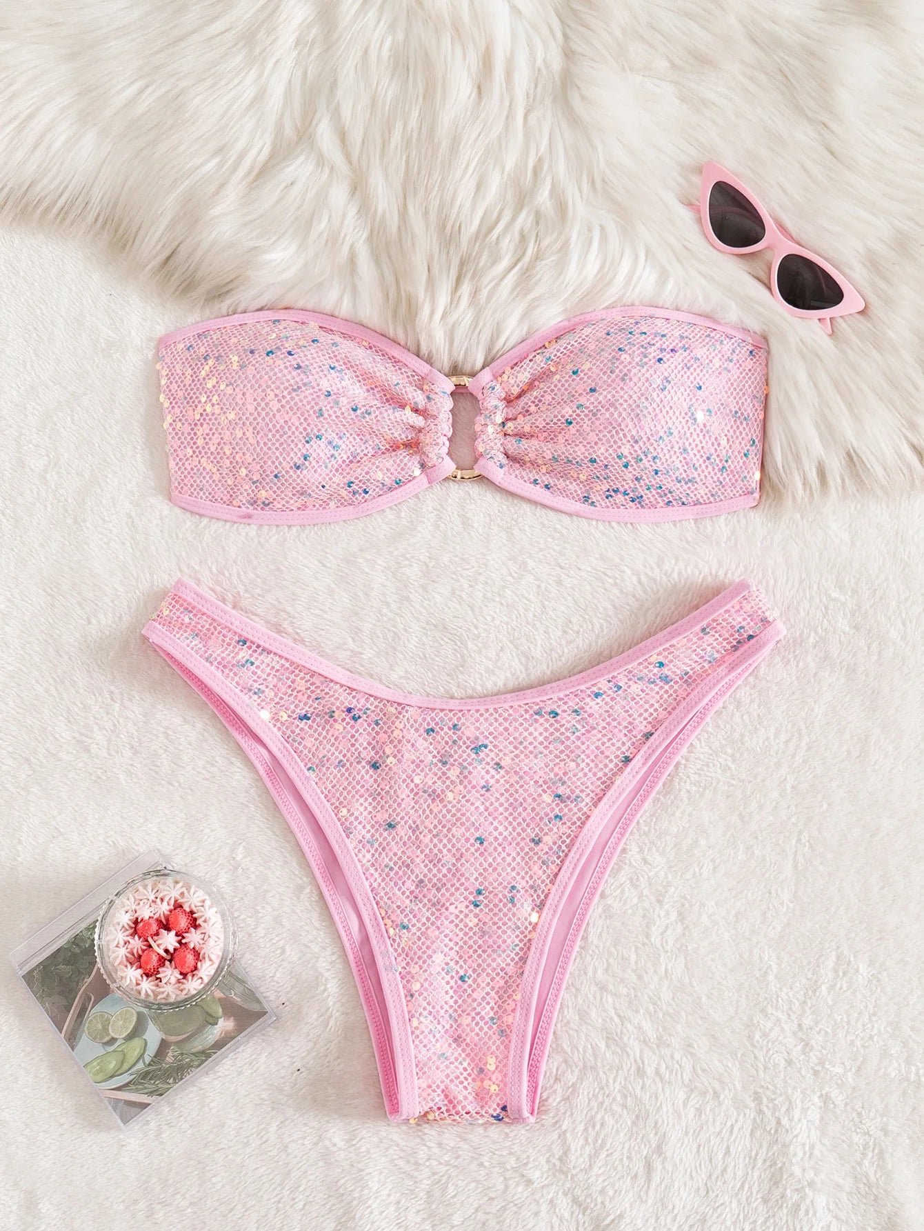 Shiny Sequin Bandeau Bikini Sets Women Front Push Up Micro Bikini Swimsuit Summer Red Bathing Suit Thong Swimwear Biquini