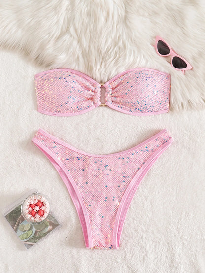 Shiny Sequin Bandeau Bikini Sets Women Front Push Up Micro Bikini Swimsuit Summer Red Bathing Suit Thong Swimwear Biquini