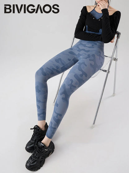 BIVIGAOS Spring Summer Seamless Camouflage Sharkskin Leggings Women Fashion High Waist Casual Sports Tights Fitness Leggings