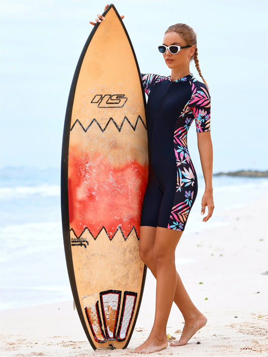 High Elasticity One-Piece Zipper Surfing Suit Sports Chest Pad For Women Summer Short-Sleeved Diving Swimsuit Snorkeling Suit