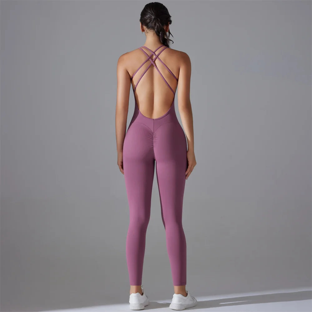 Plus Size S-XL Back V Bodysuits Sports Women Gym Rompers Yoga Set Scrunch Legging Workout One-Piece Jumpsuit Suit Active Wear