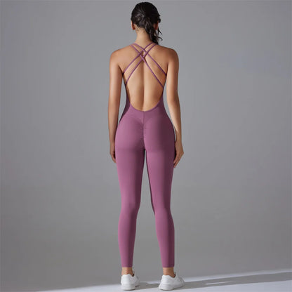 Plus Size S-XL Back V Bodysuits Sports Women Gym Rompers Yoga Set Scrunch Legging Workout One-Piece Jumpsuit Suit Active Wear
