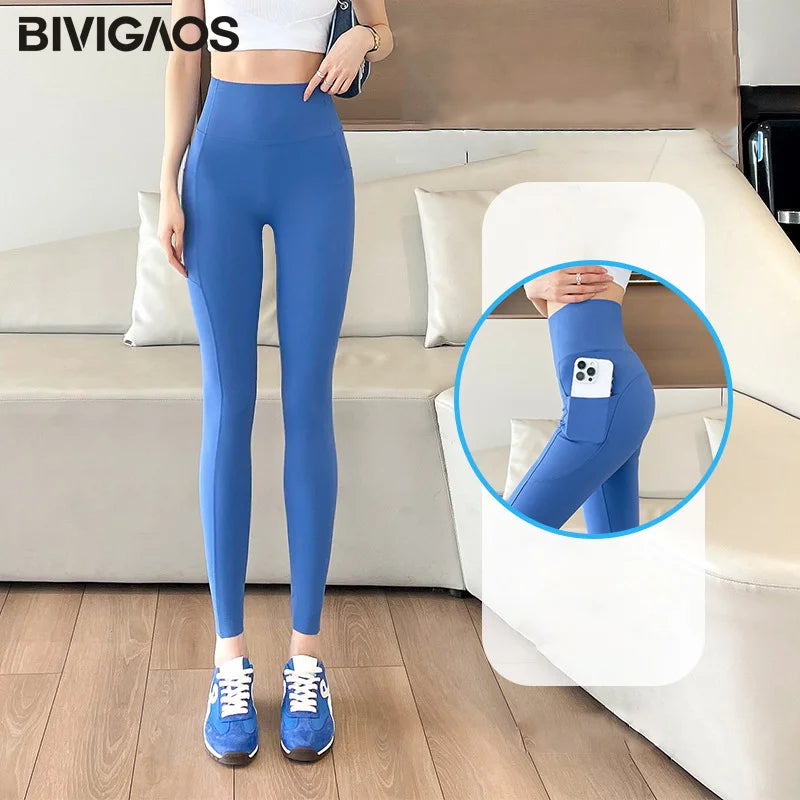 Side Pocket Sharkskin Leggings Women High Waist Tight Fitness Yoga Leggings Push Up Running Leggings