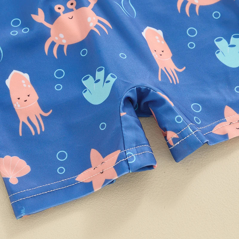 0-36months Toddler Boys Rash Guard Swimwear Cartoon Marine Print Swimsuits For Boys Front Zipper One_piece Bathing Suits