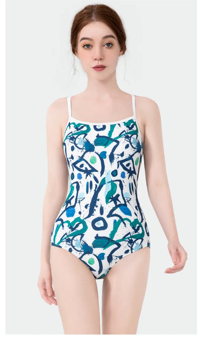Women Vintage Racing One-piece Swimwear Sun Protection Professional Competition Flower Printed Swimsuit Training Bikini