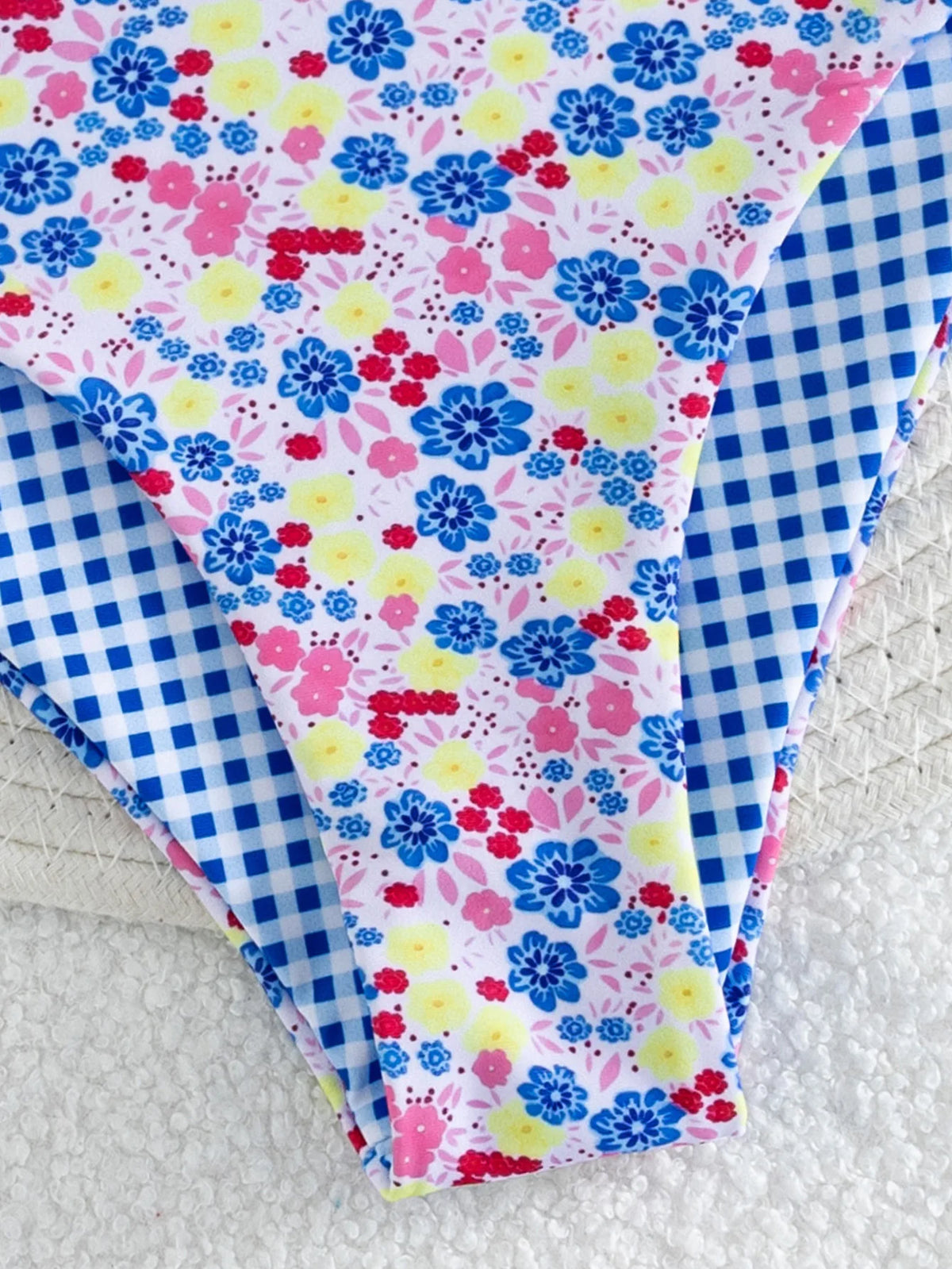 Girls' Reversible Floral & Blue Gingham Bikini Set