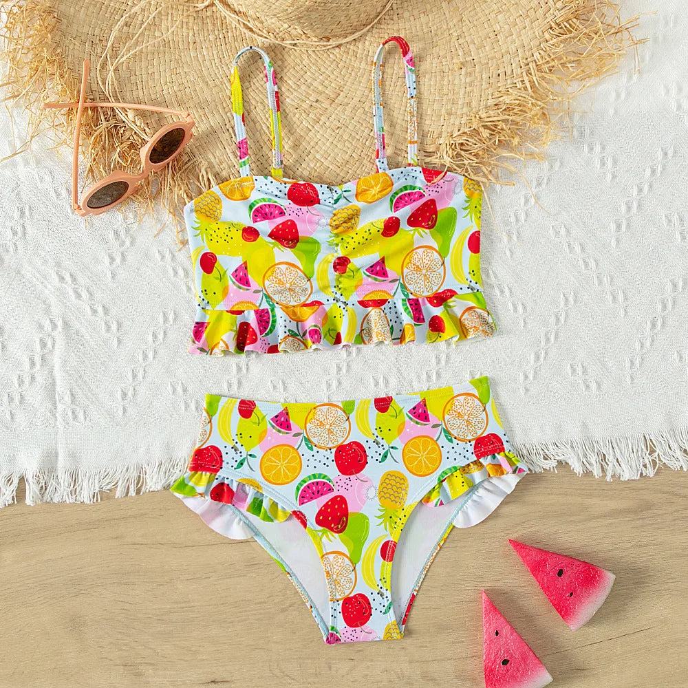 Summer Girls Fruit Printing Bikini Swimsuit Teen Girls 5-14 Years Two Piece Swimwear Candy Colorful Bathing Suit