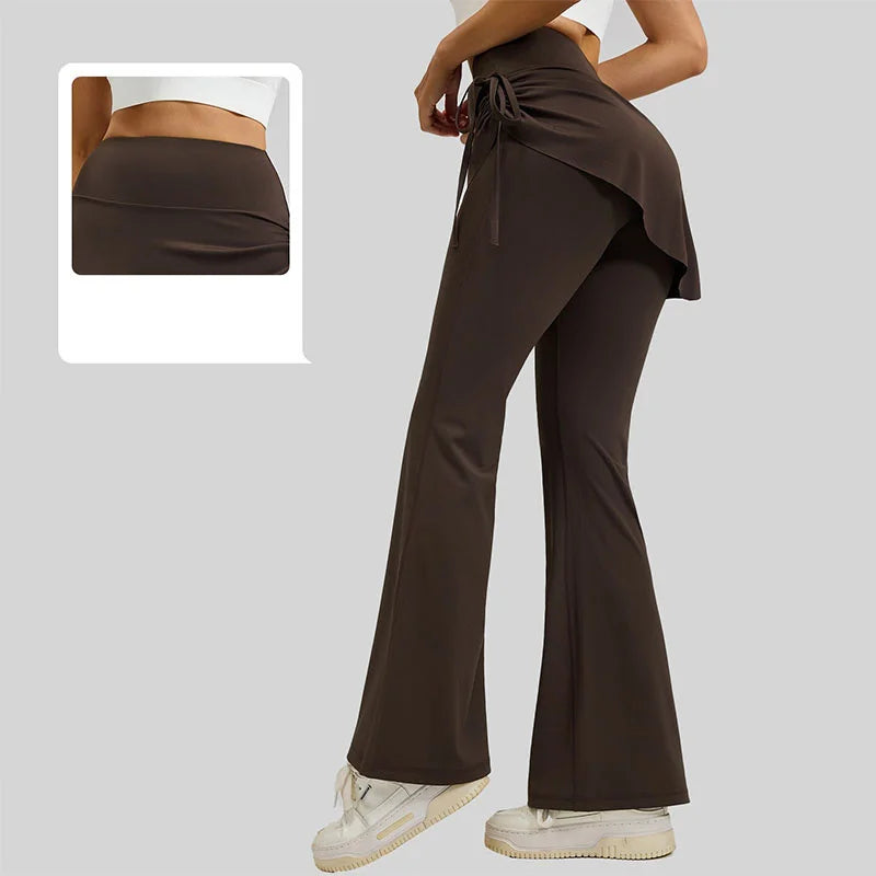Aiithuug Women's 2 in 1 High Waisted Drawstring Side Ruched Skirted Leggings Slim Fit Workout Lounge Bottoms Bell Bottom Flared