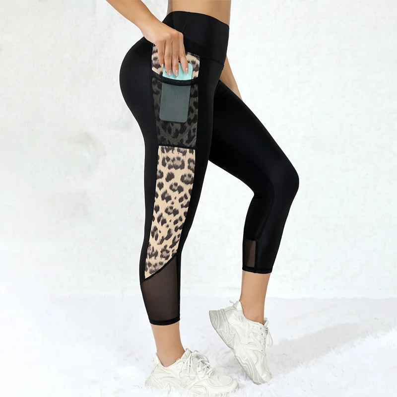 Marble Print Butt Lifting Sports Capri Leggings With Pockets, High Waisted Yoga Tight Capri Pants, Women's Activewear