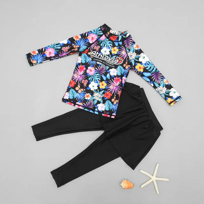 Girls' Long Sleeve Swimming Suit Skirt Style Quick Dry Thermal Sunscreen Swimwear Casual Surf Suit Children's Two Piece Swimsuit