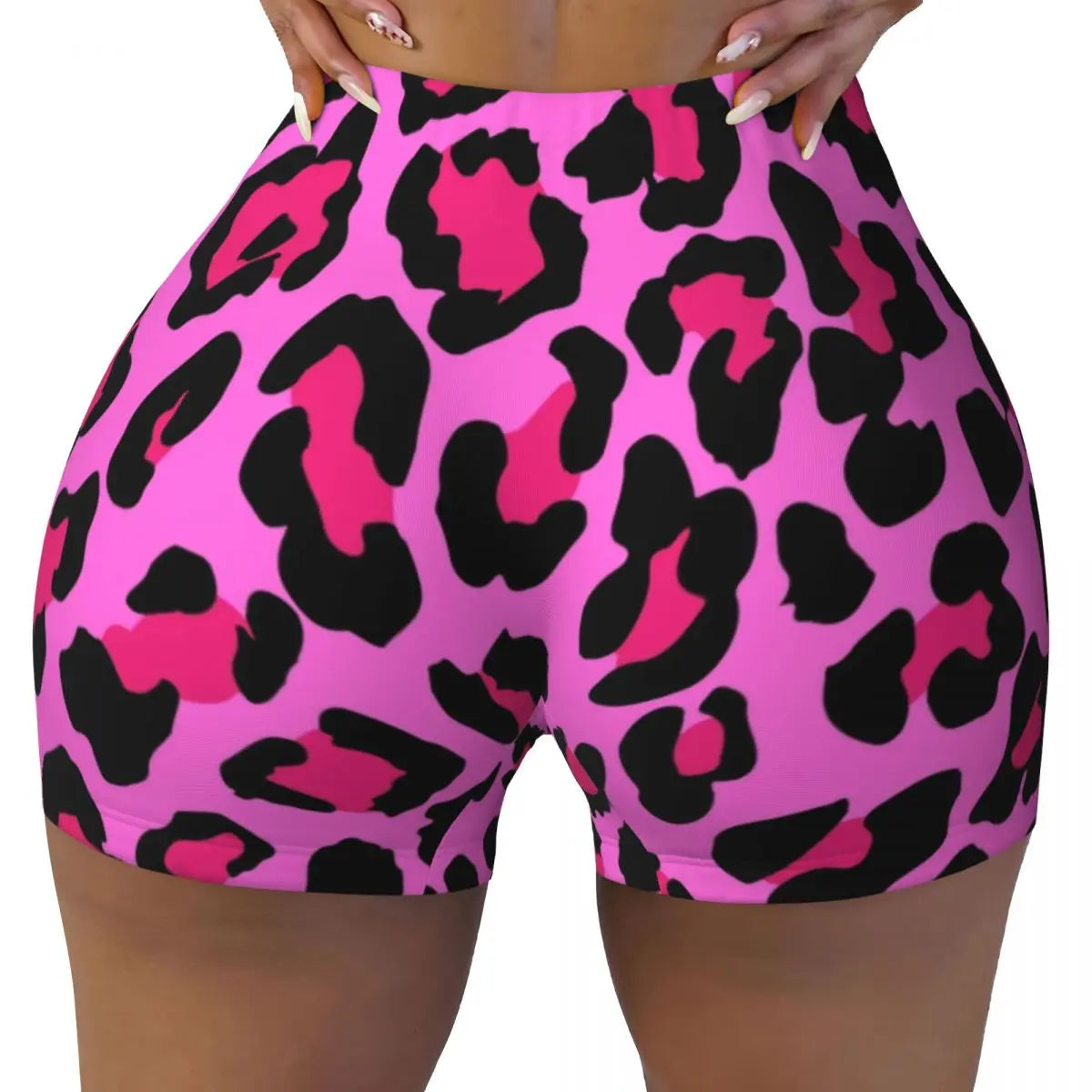 Custom Leopard Fur Skin Texture Hot Pink Volleyball Biker Gym Shorts for Women Athletic Workout Yoga Shorts