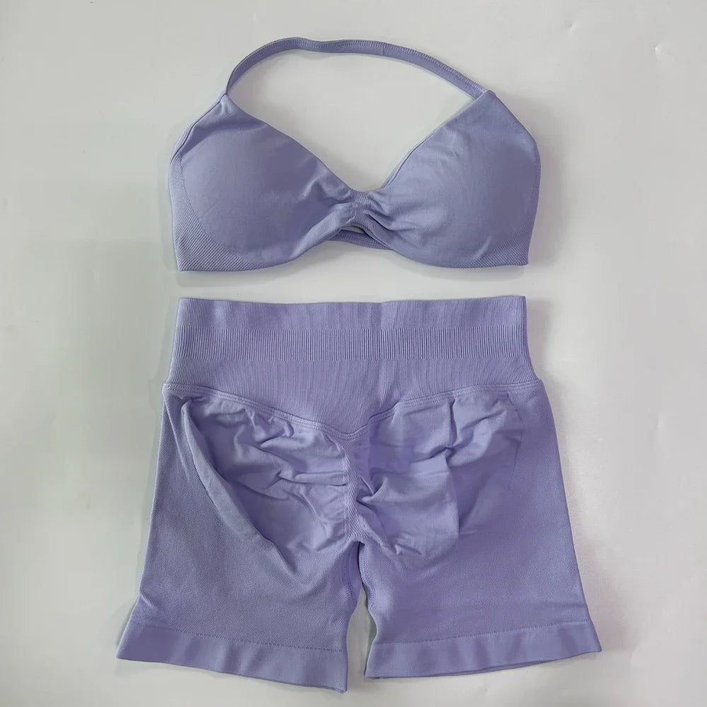 2PCS Gym Set Women Strappy Yoga Bra Top High Waist Workout Scrunch Shorts Sports Suit Seamless Yoga Set Fitness Clothes