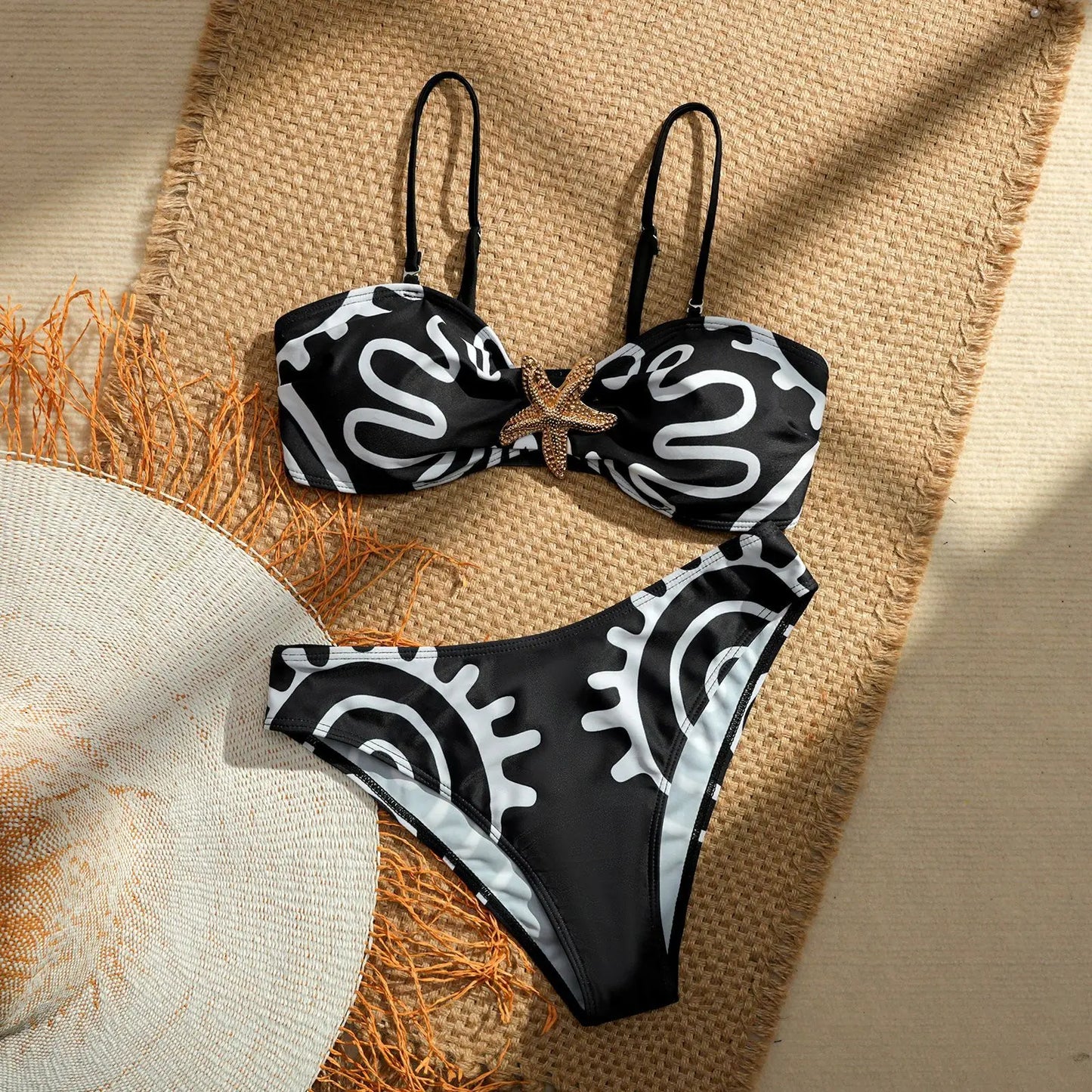 Vintage Black Floral Print Bikini Set Women Starfish Ornament Push Up Bra High Waist Swimsuit Holiday Bathing Suit Swimwear