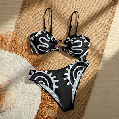 Vintage Black Floral Print Bikini Set Women Starfish Ornament Push Up Bra High Waist Swimsuit Holiday Bathing Suit Swimwear