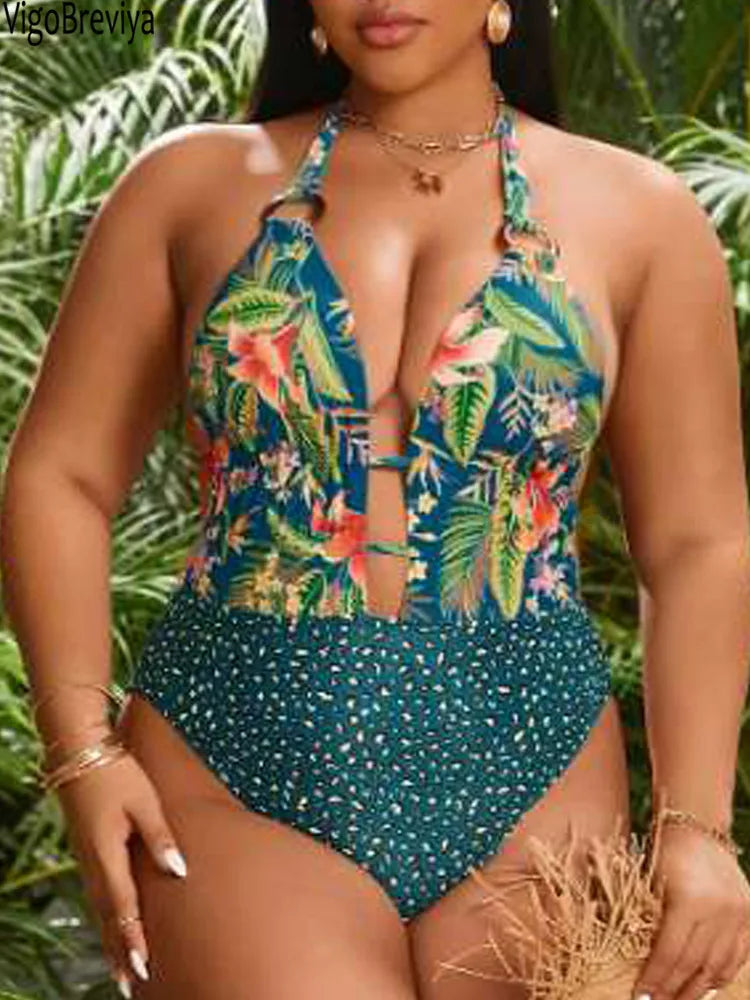 Women's Plus-Size V-Neck Cut-Out Halter One-Piece Swimsuit