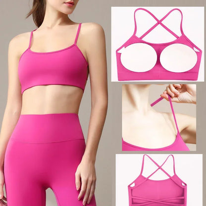 PofyBofy Yoga Bra Criss Cross Workout Crops Pilates Bras Gym Crop Top Running Bras Sexy Back Spaghetti Straps Fitness Bras