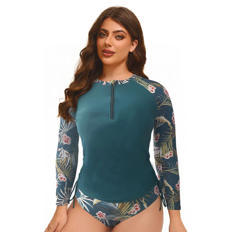 Women Plus Size Long Sleeve Swimwear Flower Printed Bathing Suit Rash Guard Built in Bra Swim Shirt  Two Piece Swimsuit XL-5XL