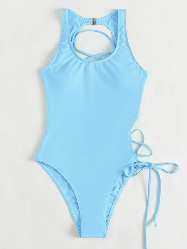 Solid High Cut Swimwear Women Backless Cross Hollow Tied One Piece Swimsuit Monokini Beach Bathing Suit