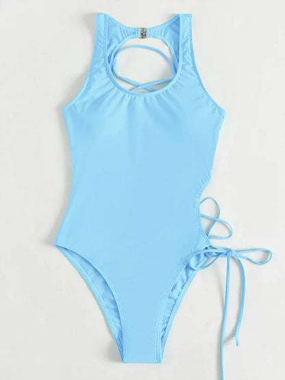 Solid High Cut Swimwear Women Backless Cross Hollow Tied One Piece Swimsuit Monokini Beach Bathing Suit
