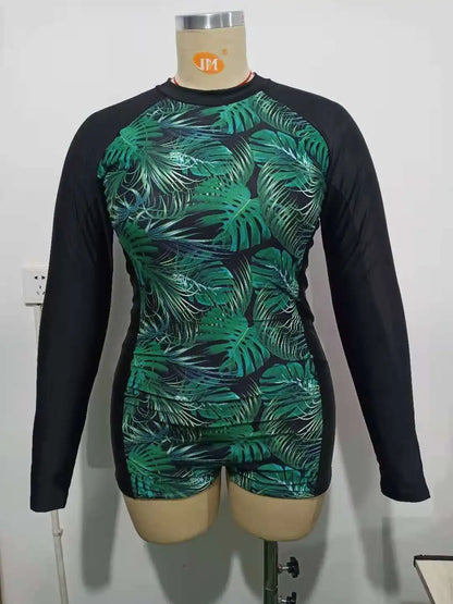 Green Leaf Print Patchwork Plus Size Swimwear Women Push Up Long Sleeve Large One Piece Swimsuit Beach Bathing Suit