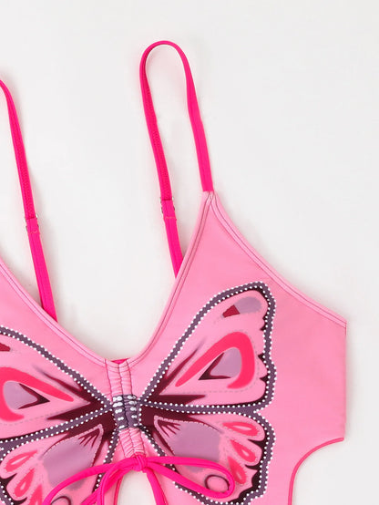 Butterfly Print Strapped Swimwear Women Tied High Cut Bikini Set Push Up Swimsuit Backless Summer Beach Bathing Suit Bathers