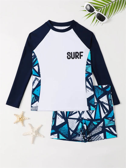 Boy Swimsuit Geometry Print Long Sleeve Children Swimwear Summer Two Piece Kids Beach Wear Swimming Bathing Suit Men's